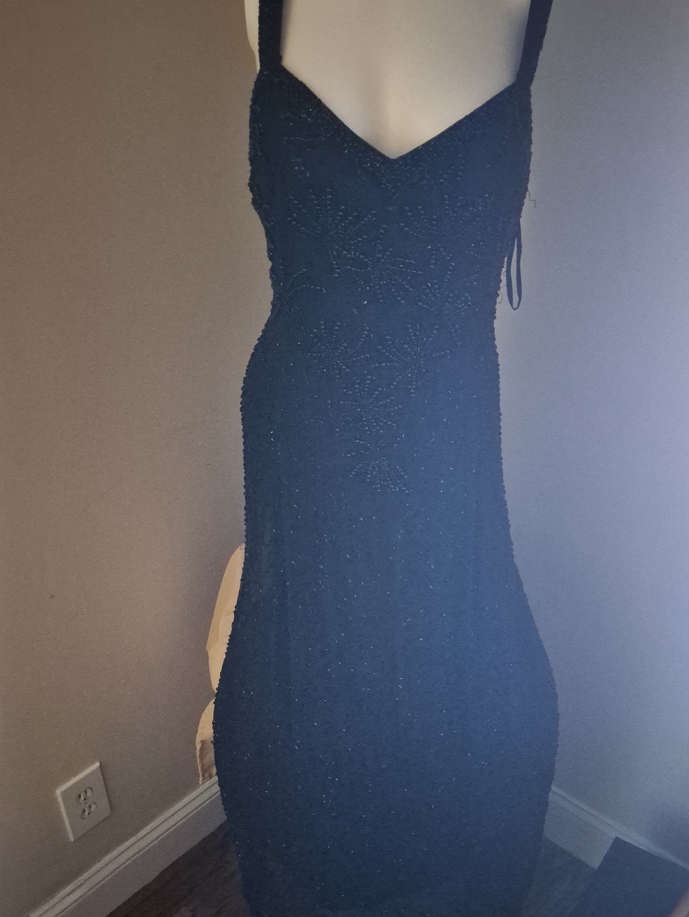 Jovani Black Beaded Midi Slip Dress with Spaghetti Straps